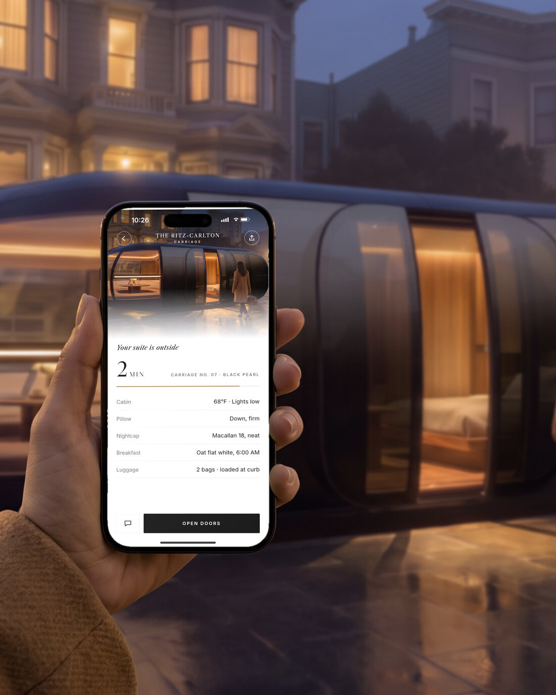 A hand holding an iPhone showing the app: call