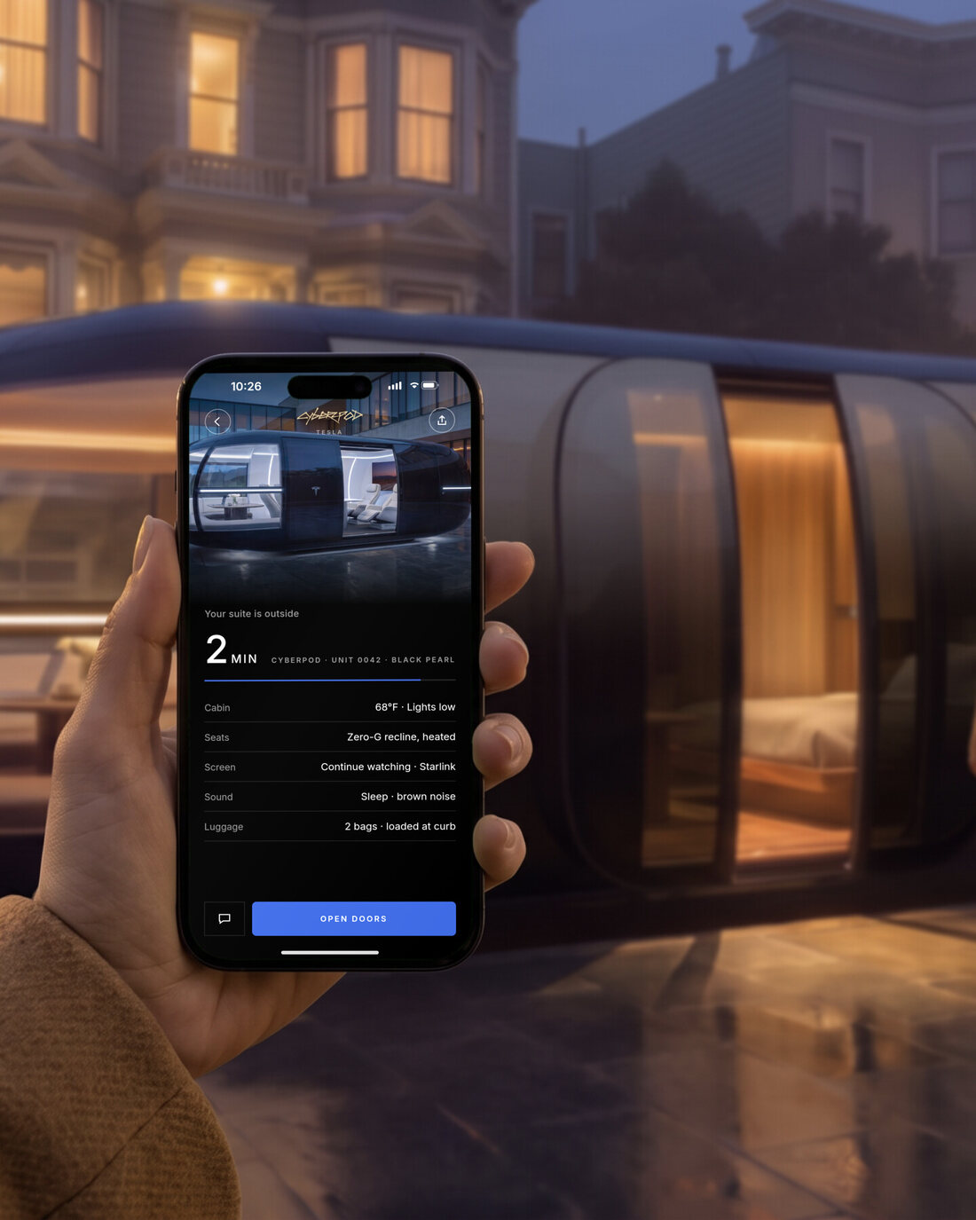 Tesla app showing the Cyberpod two minutes away