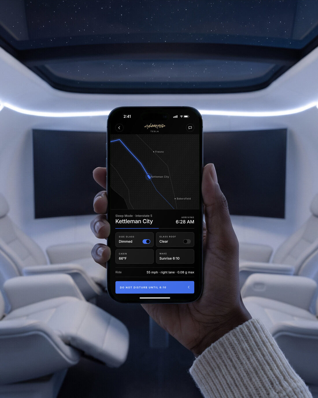 Tesla app showing the trip in progress with cabin controls