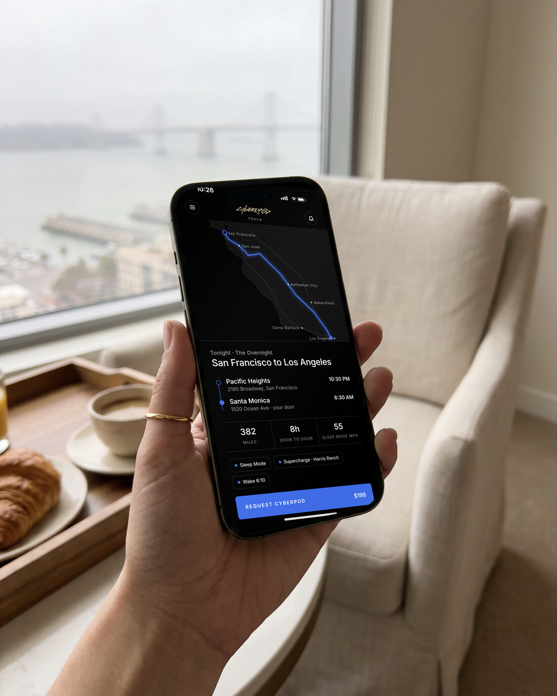 Tesla app planning a Cyberpod trip from San Francisco to Los Angeles