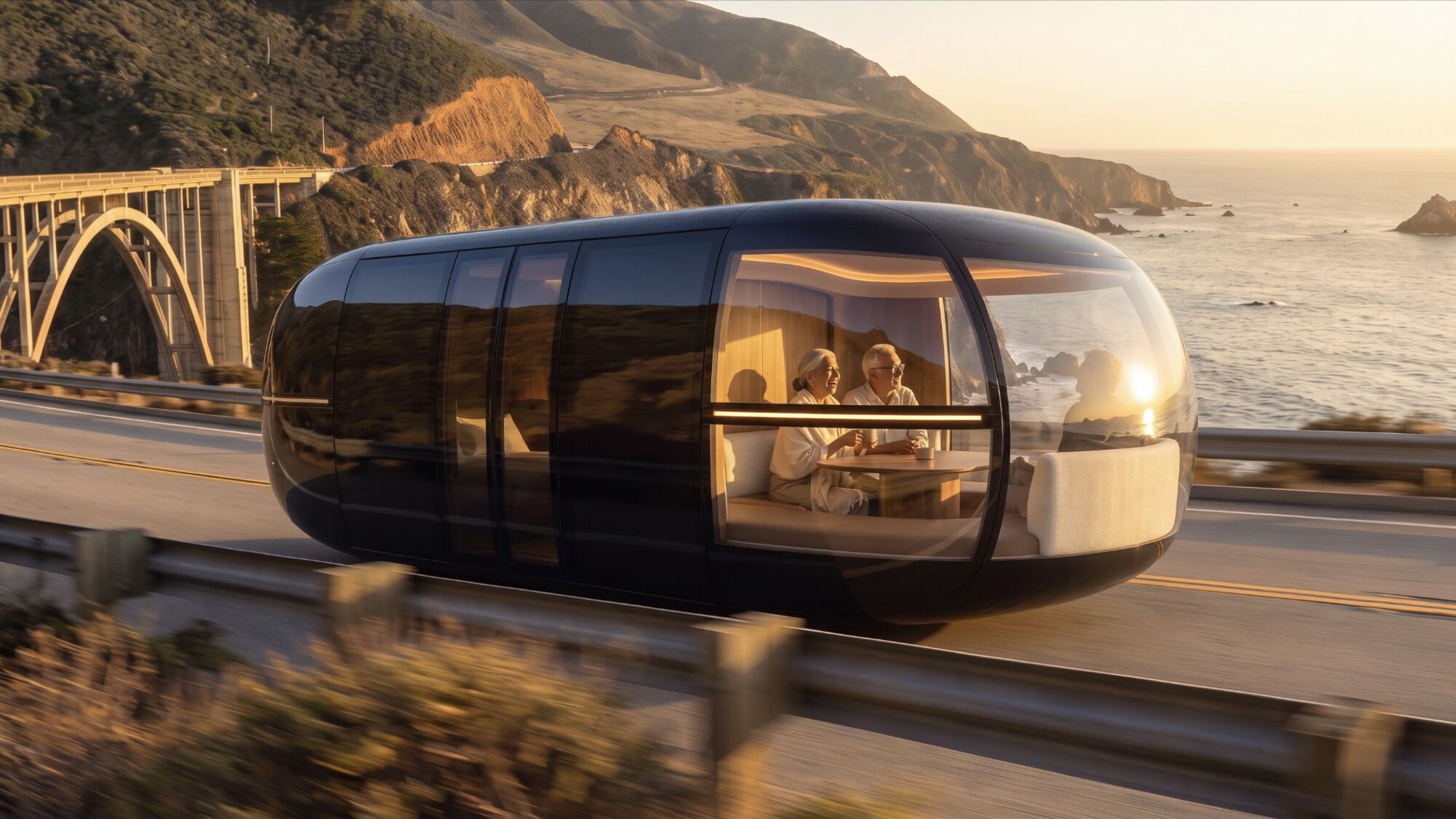 The Private Car on the Big Sur coast at golden hour with passengers inside