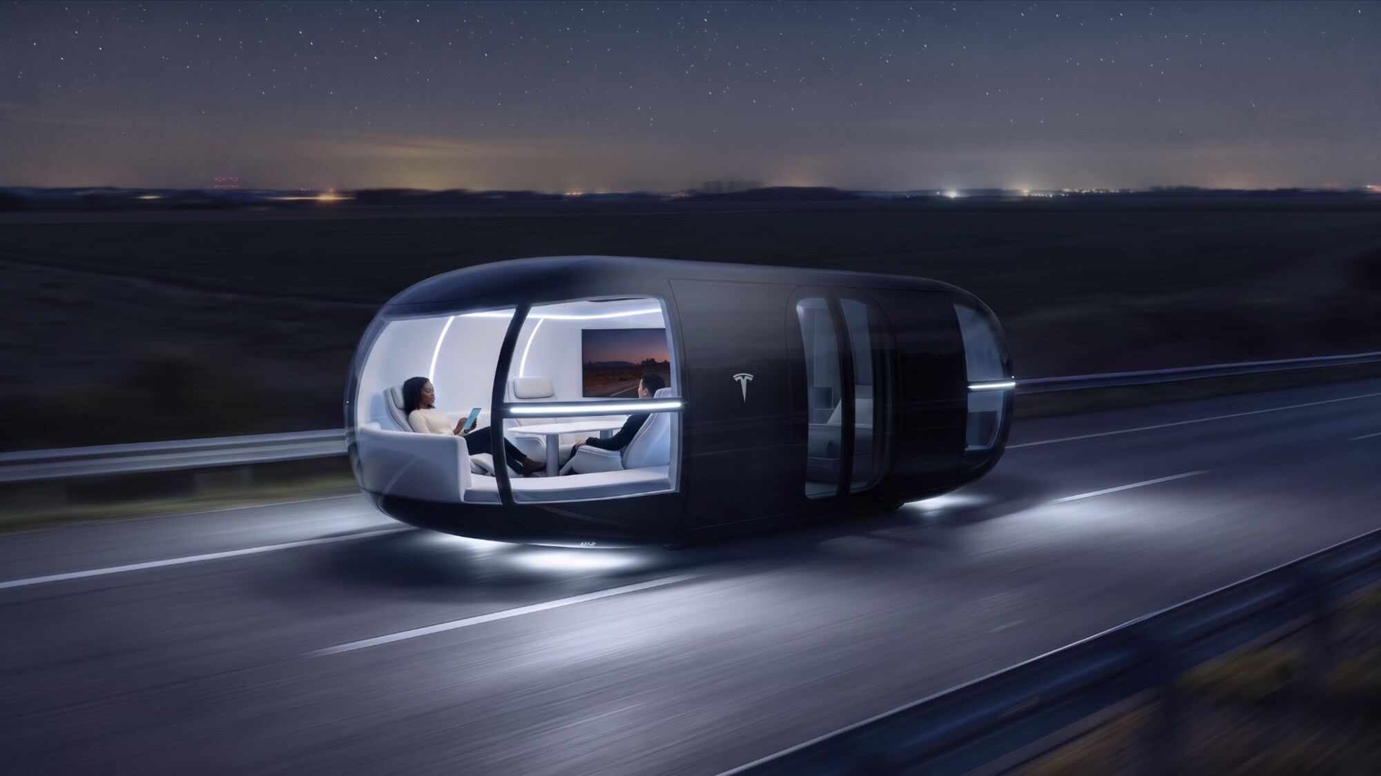 The Cyberpod on a night highway with its cabin glowing